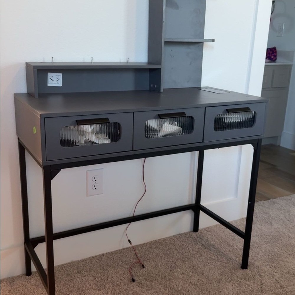 Modern Gray Metal Desk with Shelves